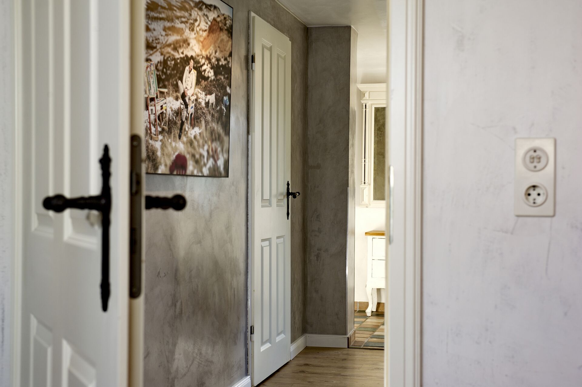 Un couloir avec une porte blanche, un tableau et un interrupteur sur le mur.