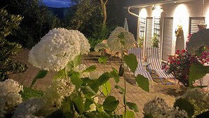Un jardín con flores de hortensias blancas, un patio con sillas a rayas y un edificio con luces al fondo.