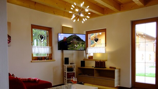 Una sala de estar con televisor, sofá rojo, estanterías de madera y alfombra de cuero de vaca.