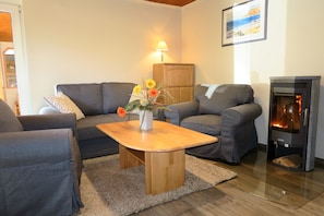 Fernseher, Kamin, BĂŒcher, Stereoanlage