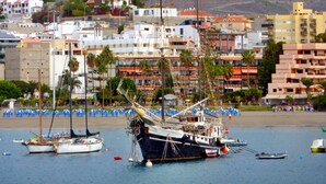 Une ville côtière où un grand voilier est amarré dans le port.
