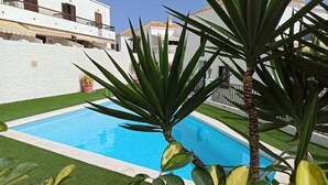 Une piscine entourée de murs blancs et de gazon artificiel vert, avec un palmier au premier plan.