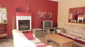 Een woonkamer met een open haard, een televisie, een bank en een salontafel.