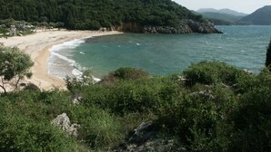 A coastal landscape with a sandy beach, rocky cliffs, and dense greenery. - Villa Orea Thea with pool, German standard for up to 6 people (Syvota)