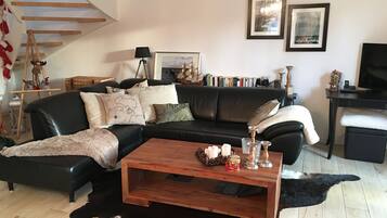 Televisie, een open haard, een dvd-speler en boeken