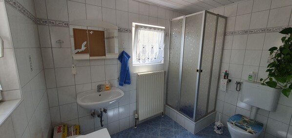A bathroom with a white sink, a glass shower enclosure, and a toilet with a decorative cover. - Charming cottage with conservatory in Bayreuth on the eastern outskirts (Bayreuth)