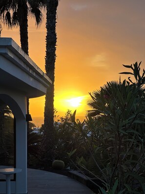 A sunset view from a covered outdoor area with palm trees and a patio.