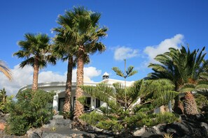 Een resort met palmbomen, een koepelvormig gebouw en een rotsachtig landschap.