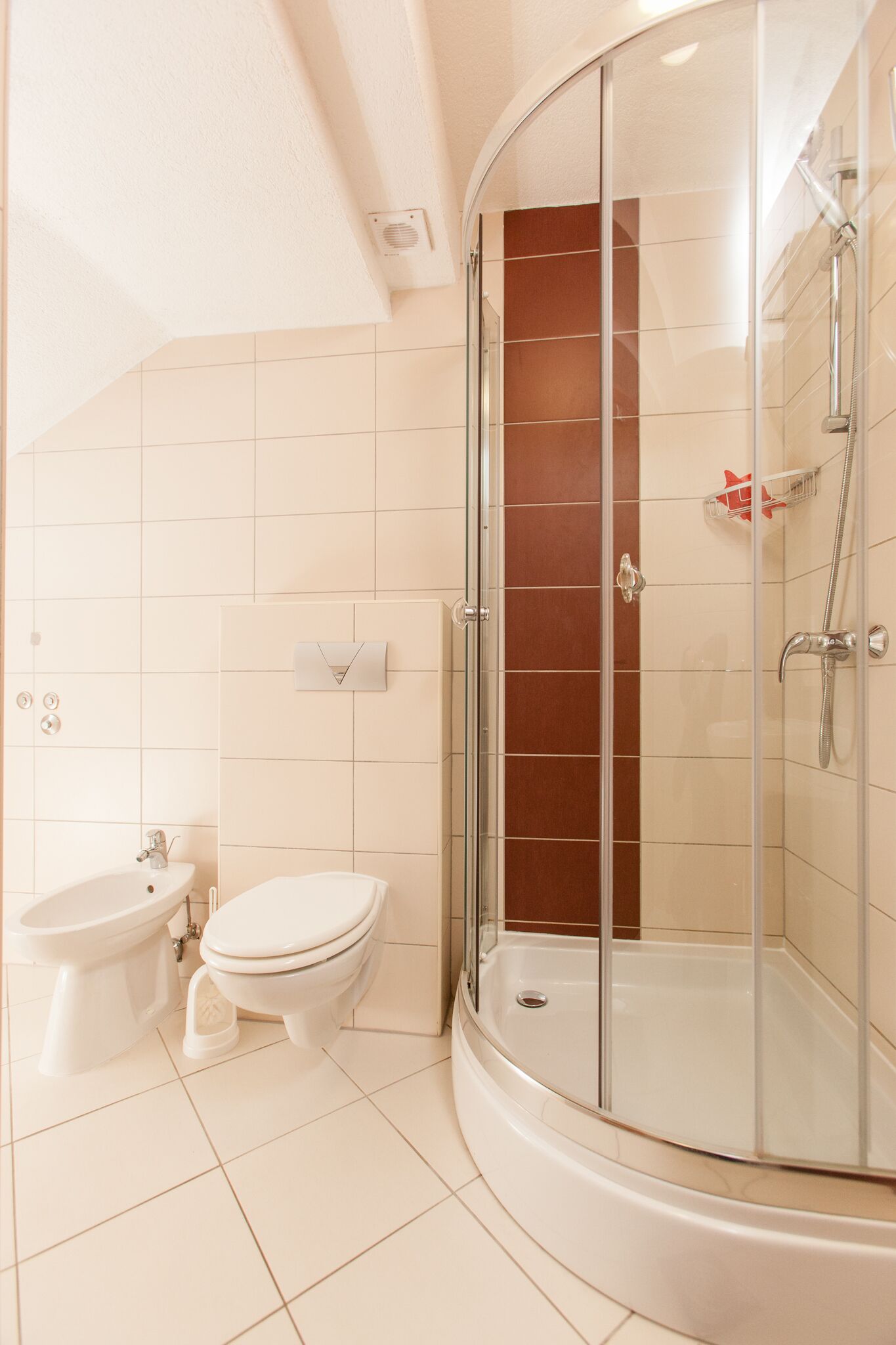 A modern bathroom with a glass-enclosed shower, a toilet, and a bidet.