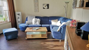 Smart-TV, DVD-spiller, bøker og stereoanlegg