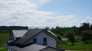 A house with a sloped roof and a balcony, surrounded by a green landscape and trees. - Vacation magic  (Neukirch)