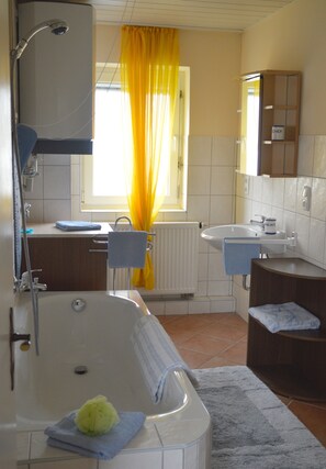 Bathtub, hair dryer, toilet paper