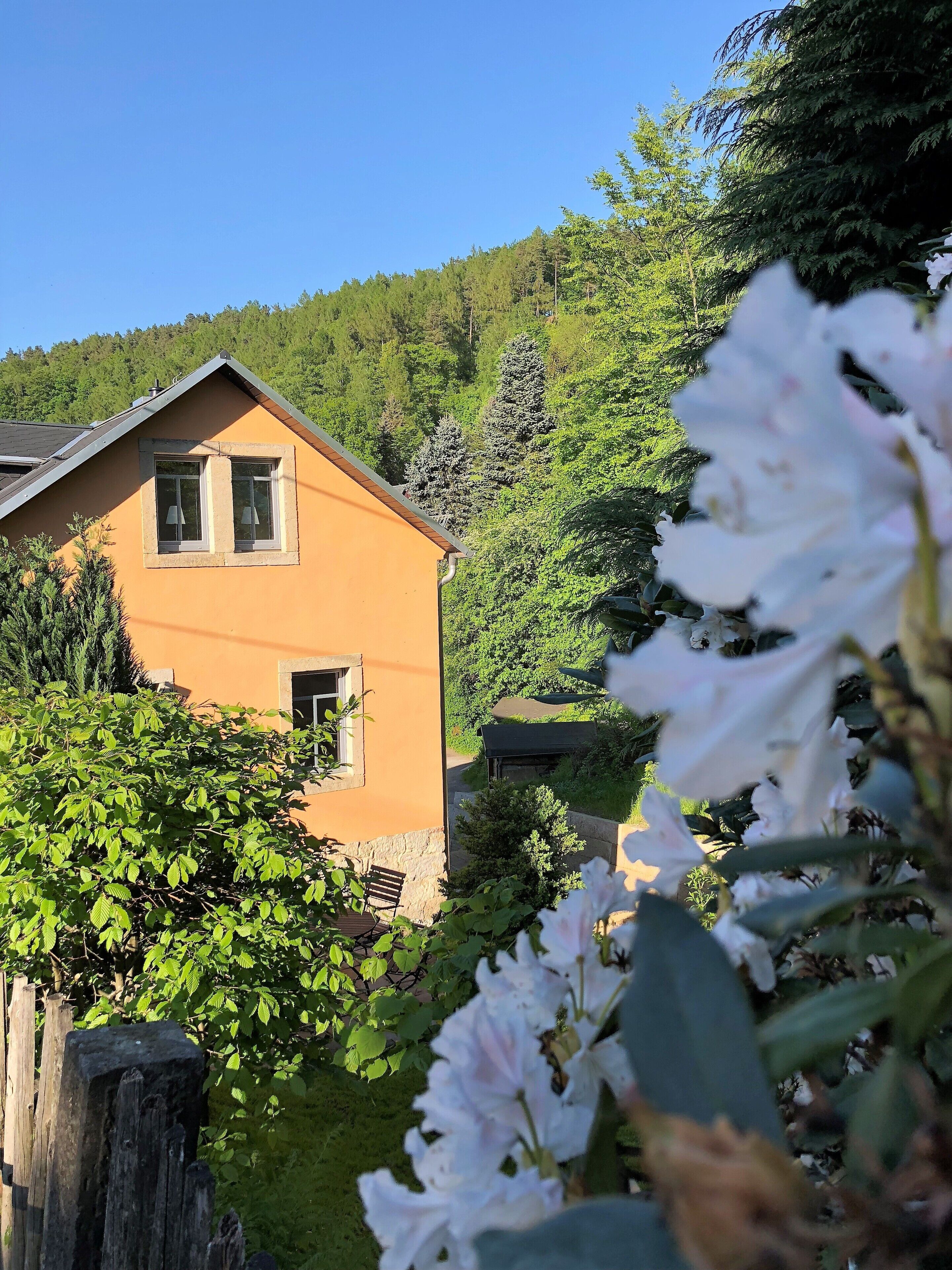 Ein Haus mit geneigtem Dach, einem kleinen Fenster und einer Tür. Im Vordergrund ist ein Holzzaun zu sehen, und im Hintergrund ein Hügel mit Bäumen.