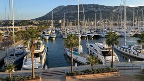 Una marina con numerosi alberi a vela ormeggiati, circondata da palme e da montagne sullo sfondo.