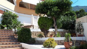 Un patio con escalones que conducen a un edificio, rodeado de diferentes macetas con plantas y un gran árbol.