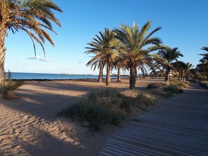 Beach nearby, sun loungers