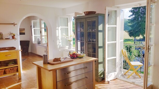 A kitchen with a wooden counter, a cabinet, and a view of a garden through an open door.