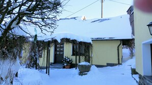 Una casa cubierta de nieve con una puerta principal visible, un porche pequeño y una planta en maceta.