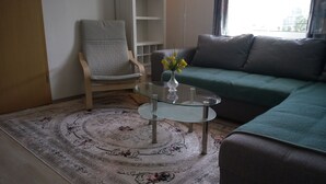 Ein Wohnzimmer mit einem grünen Sofa, einem Holzstuhl, einem Glastisch und einem gemusterten Teppich.