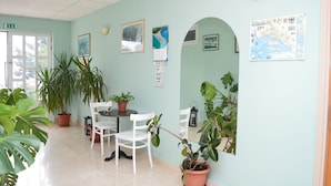 Una habitación con una silla blanca, una mesita pequeña y varias plantas en macetas.