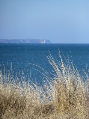 Eine Küstenlandschaft mit trockenem Gras im Vordergrund und ruhiger See.