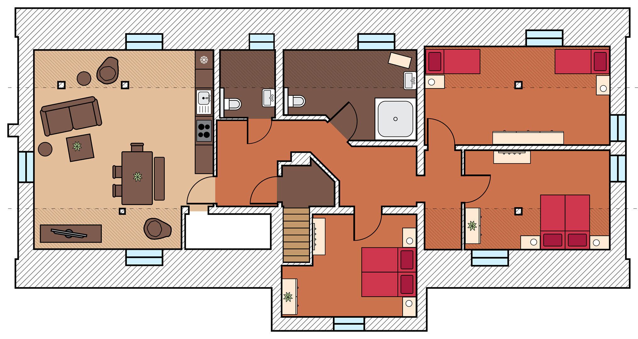 Plano de planta de un hotel con comedor, cocina y varias habitaciones.