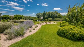 A well-maintained garden with various shrubs and a lawn, a pathway, and a building in the background. - Villa Gardena with heated pool (Kvarner - Vrh) (Vrh)