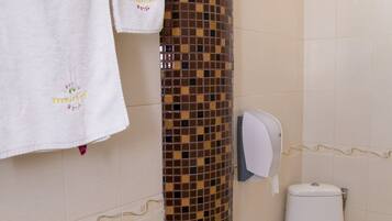 Hair dryer, towels, soap, shampoo