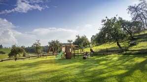 Un'area giochi con scivolo e altalene, immersa in un prato e alberi.