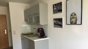 Une cuisine moderne avec des meubles gris, un évier et une machine à café. Des tableaux encadrés ornent le mur, dont un représentant une chouette et un autre une voiture.