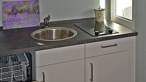 Een keuken met witte kastjes, een roestvrijstalen spoelbak en een raam met uitzicht.