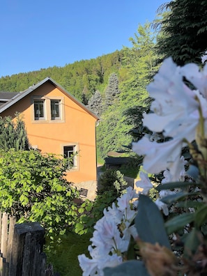 A house with a sloped roof, a small window, and a door. There is a wooden fence in the foreground and a hill with trees in the background. - NEW 2018 fully renovated apartment right on the famous Malerweg (Pfaffendorf)