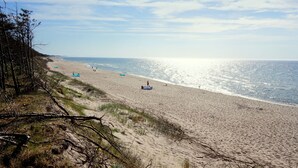Ein Strand mit Menschen, die sonnenbaden und schwimmen.