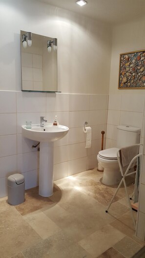 Chuveiro, secador de cabelo, toalhas de banho