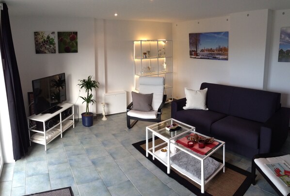 Téléviseur connecté, lecteur de DVD, table de ping-pong, livres