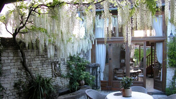 A patio with wicker furniture, a stone wall, and hanging white flowers. - Country house with private indoor  pool, dream garden near the Loire Vallylley (Dercé)