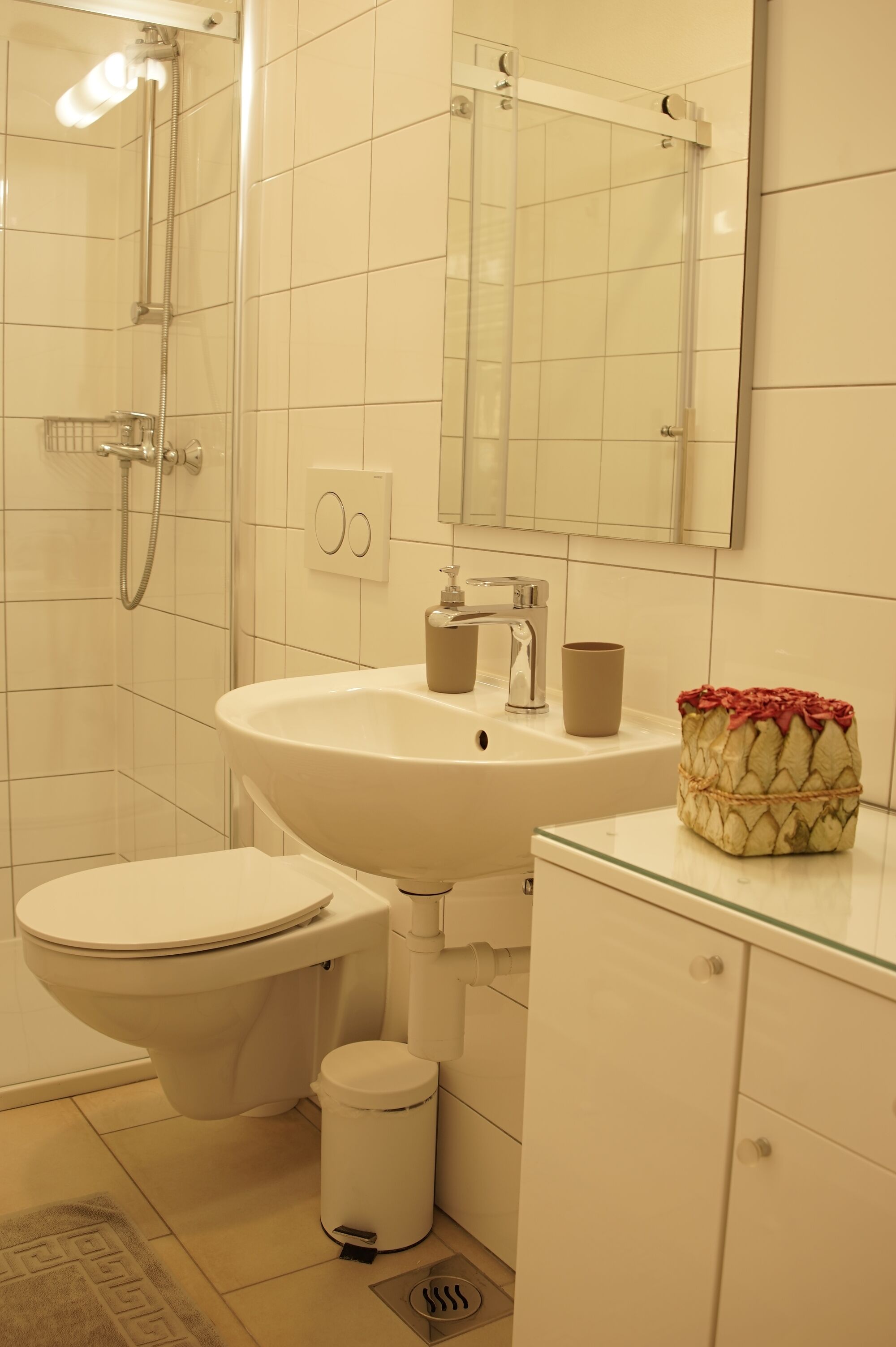 Douche, sèche-cheveux, serviettes fournies, savon
