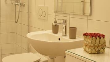 Douche, sĂšche-cheveux, serviettes fournies, savon