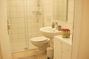 Shower, hair dryer, towels, soap