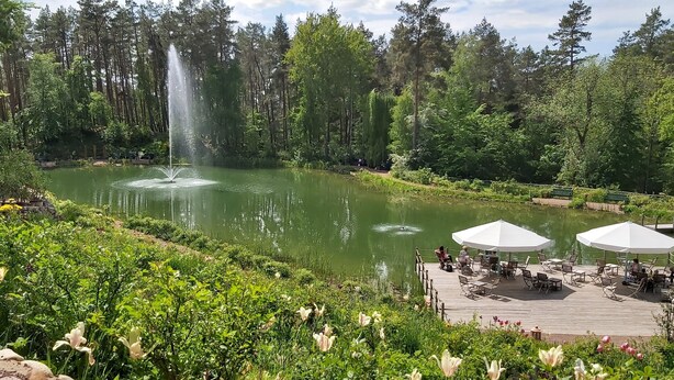 A serene lakeside setting with a fountain, surrounded by lush greenery and a wooden deck with outdoor seating.
