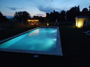 Et rektangulært pool med flisekant, omgivet af græs.