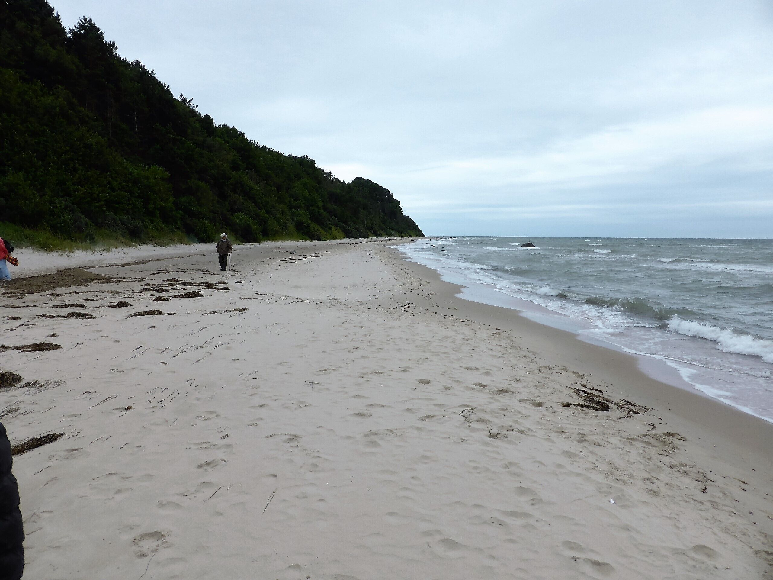 A sandy beach with footprints, a person walking, and a forested hillside.