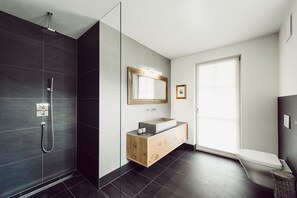 Douche, séchoir à cheveux, serviettes fournies, savon