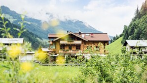 Ein Chalet mit geneigtem Dach, hölzernen Balkonen mit Pflanzen und einem Berg im Hintergrund.