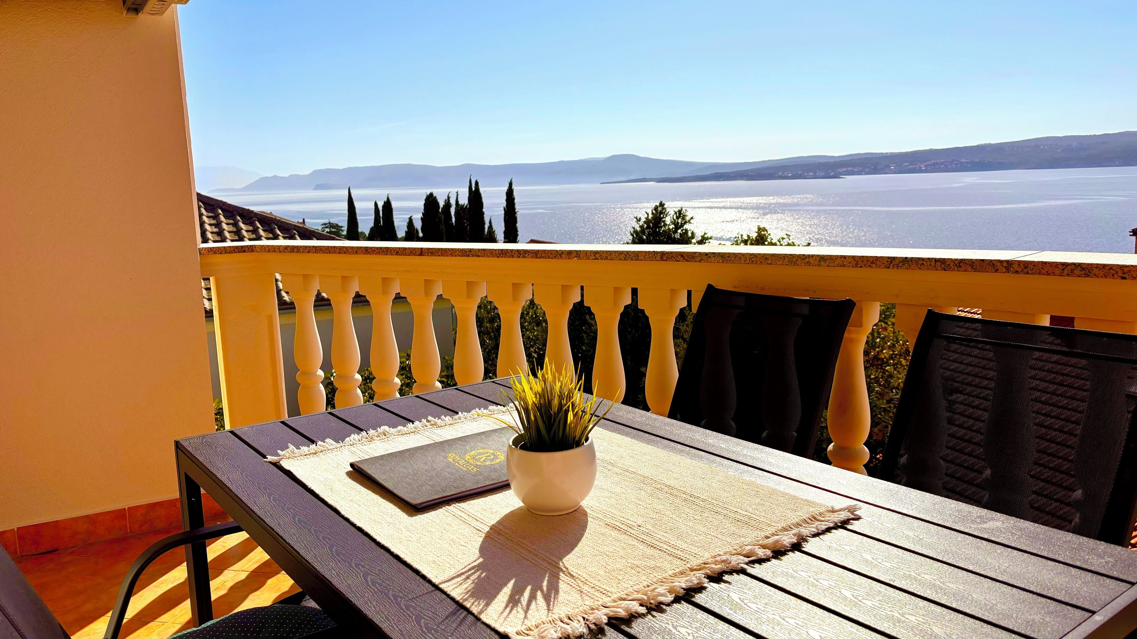 A balcony with a view of the sea, a table with a plant, and a chair.