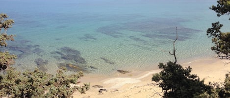 On the beach, sun-loungers, beach towels