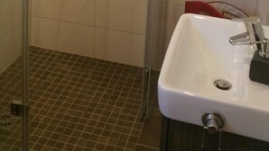 Et badeværelse med bruser, håndvask og spejl.