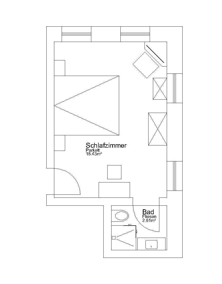 En planritning som visar ett stort vardagsrum märkt med ”Schlafzimmer” (sovrum) och som är 18,43 m² stort, samt ett mindre rum märkt med ”Bad” (badrum) och som är 2,61 m² stort.