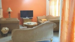 Un salon avec un canapé, un fauteuil et un téléviseur posé sur un meuble.
