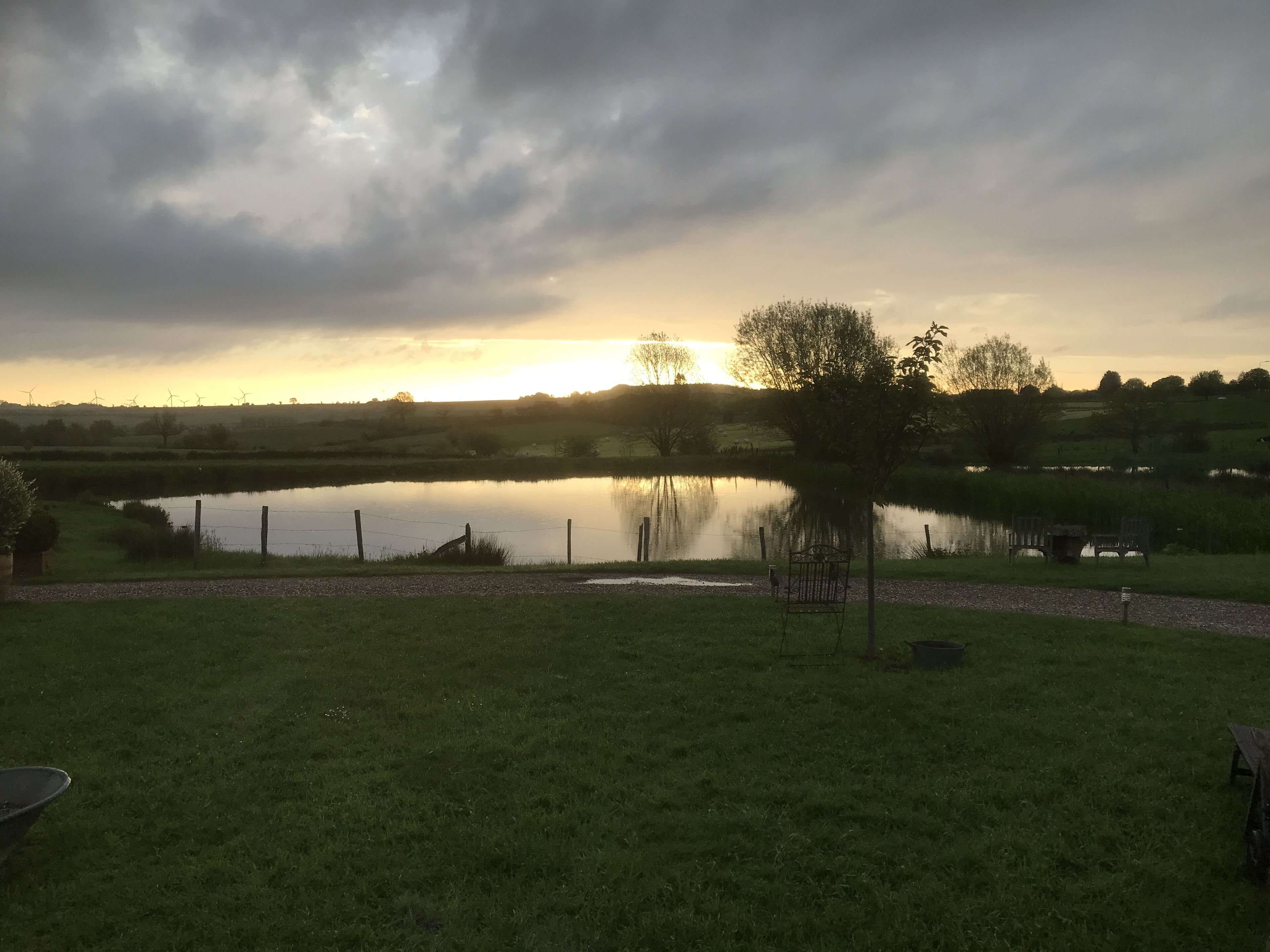 A serene landscape with a pond, grassy area, and a bench.